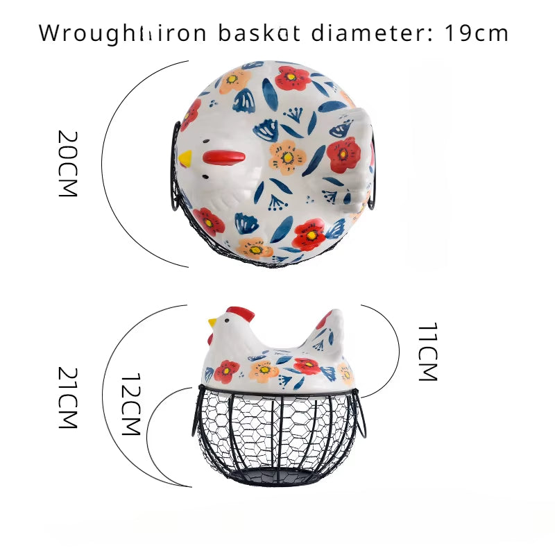 Lisslune | Ceramic Egg Holder Chicken with Wire Basket