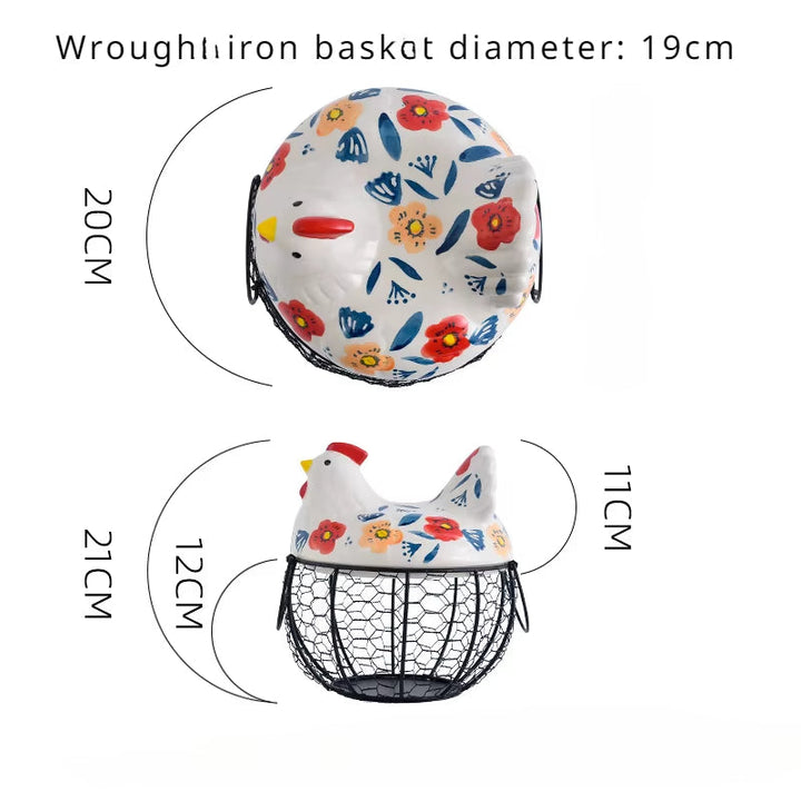 Lisslune | Ceramic Egg Holder Chicken with Wire Basket