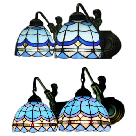 Lisslune | Dome Wall Lamp Mediterranean Blue Glass 2 Heads 16"/18" Wide Antique Bronze Wall Mounted Lamp
