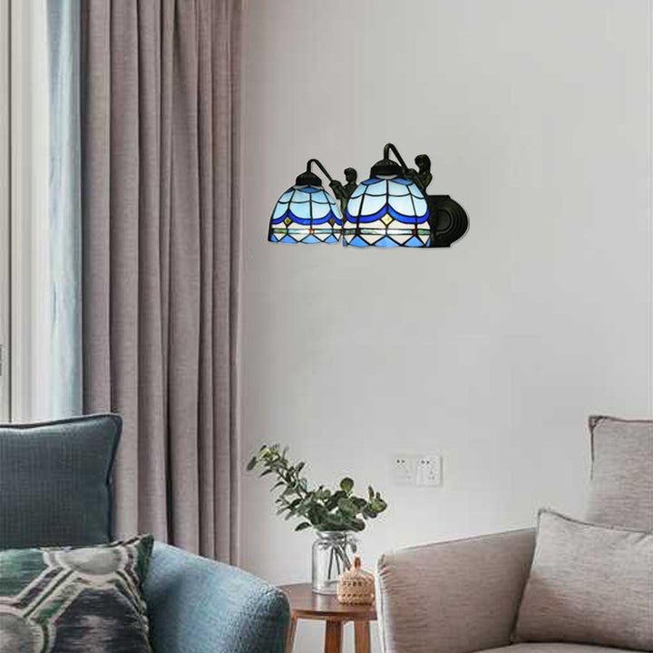 Lisslune | Dome Wall Lamp Mediterranean Blue Glass 2 Heads 16"/18" Wide Antique Bronze Wall Mounted Lamp