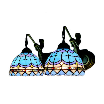 Lisslune | Dome Wall Lamp Mediterranean Blue Glass 2 Heads 16"/18" Wide Antique Bronze Wall Mounted Lamp