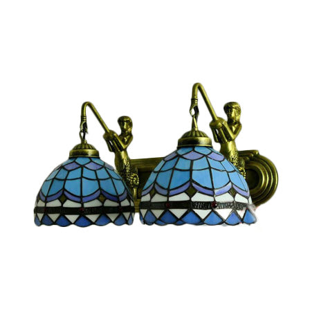 Lisslune | Dome Wall Lamp Mediterranean Blue Glass 2 Heads 16"/18" Wide Antique Bronze Wall Mounted Lamp