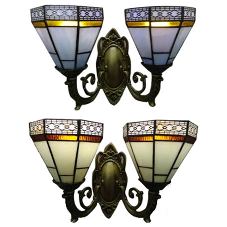 Lisslune | Study Room Pyramid Wall Lamp Art Glass 2 Bulbs Tiffany Classic Wall Light with Curved Arm in Beige/Blue