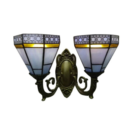 Lisslune | Study Room Pyramid Wall Lamp Art Glass 2 Bulbs Tiffany Classic Wall Light with Curved Arm in Beige/Blue
