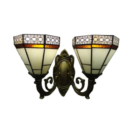 Lisslune | Study Room Pyramid Wall Lamp Art Glass 2 Bulbs Tiffany Classic Wall Light with Curved Arm in Beige/Blue