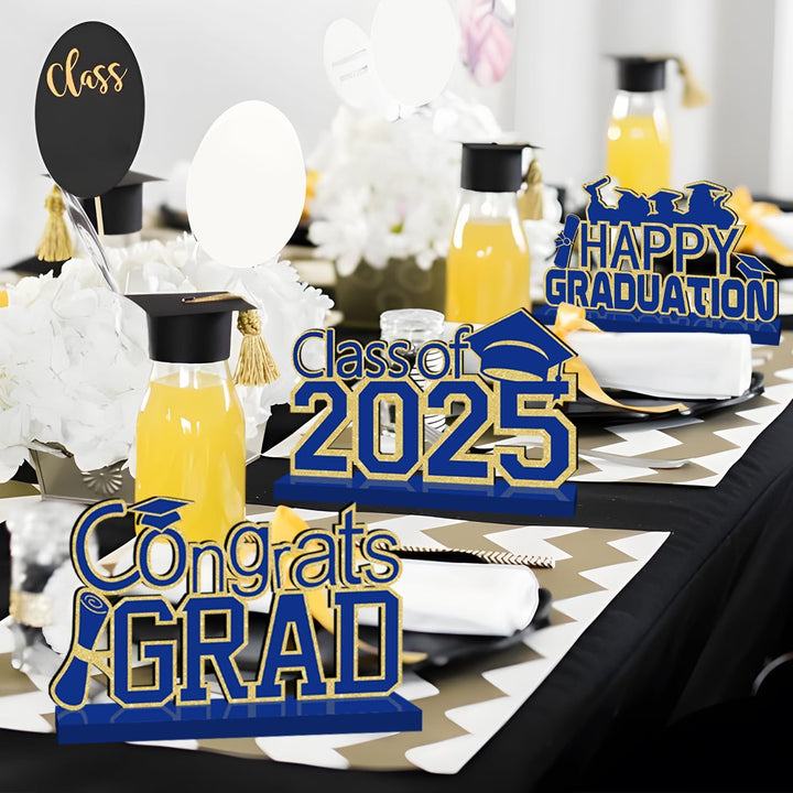 4 Piece Black and Gold Graduation Decorations Class of 2025 Congratulations Graduate Wood Table Centerpieces Graduate Table Decor Congratulations Tiered Shelf Decor for 2025 Graduation Decorations