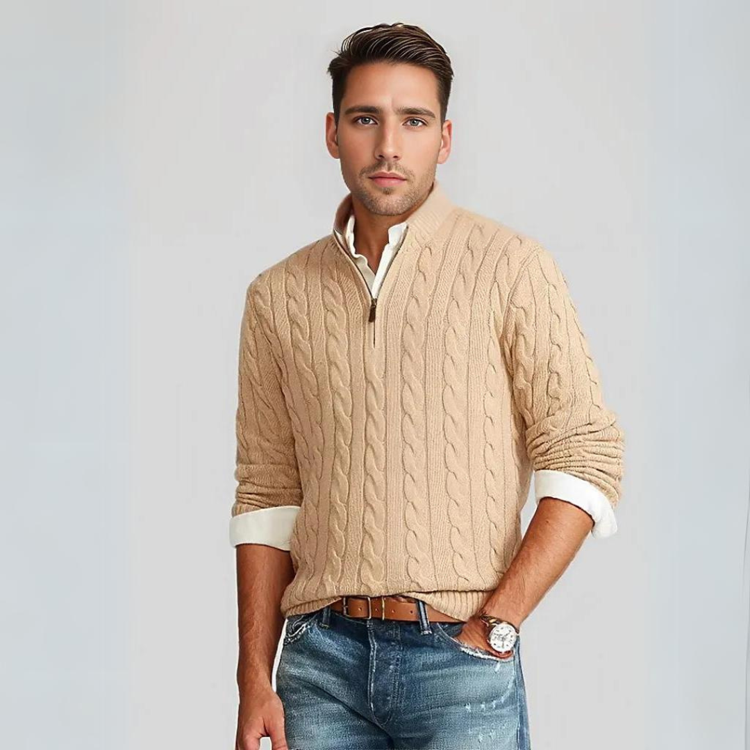 Lisslune | Zipper sweater for men | Stylish knit sweater in cable pattern with V-neck and zipper
