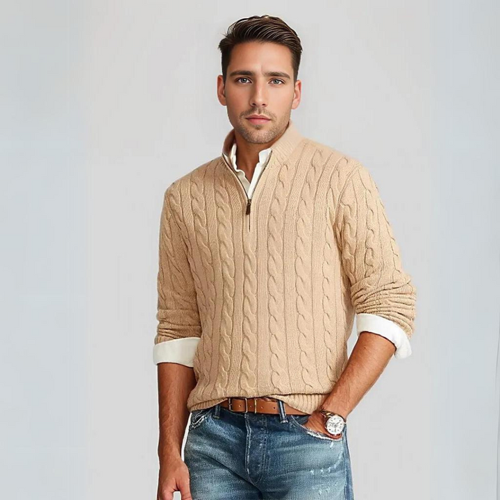 Lisslune | Zipper sweater for men | Stylish knit sweater in cable pattern with V-neck and zipper