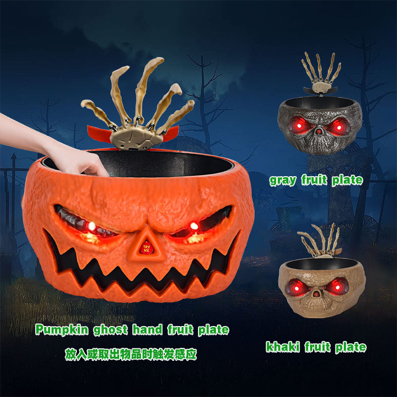 Lisslune | Halloween Candy Bowl – Motion Sensor Pumpkin Bowl with Skeleton Hand and Red Light Effects