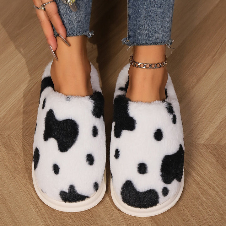 Lisslune | Shady Cow Print Plush Slippers for Couples - Cozy Anti-Slip Soft Home Shoes for Winter