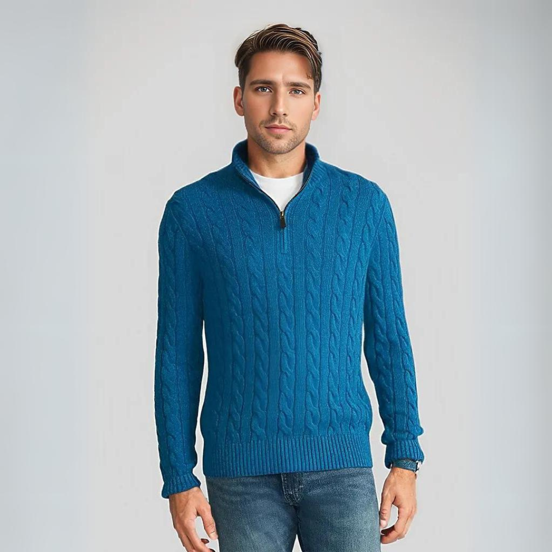 Lisslune | Zipper sweater for men | Stylish knit sweater in cable pattern with V-neck and zipper