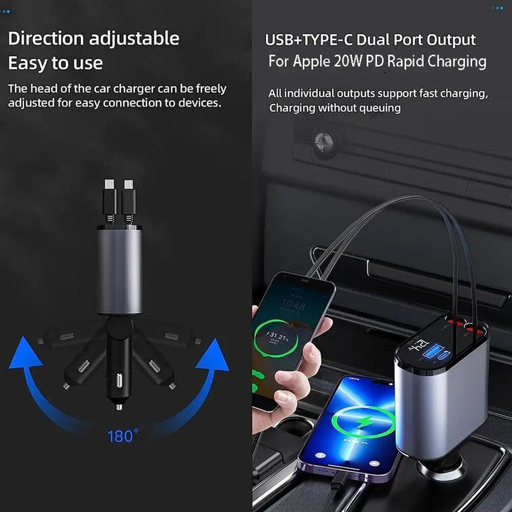 Lisslune | High-Speed 4-in-1 Retractable Car Charger with Dual USB, Type-C & Lightning Cables