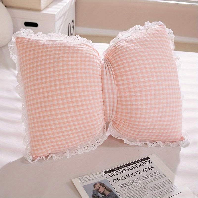 Lisslune | Niedliches Schleifen-Karomuster-Wurfkissen - Minimalistischer Stil Dekokissen mit Spitzenborte, 100% Polyester, Maschinenwaschbar für Wohnzimmer, Schlafzimmer & Rücksitz des Autos - Pink, Blau, Grün, Gelb, Gemütliche Wohnakzente | Polye