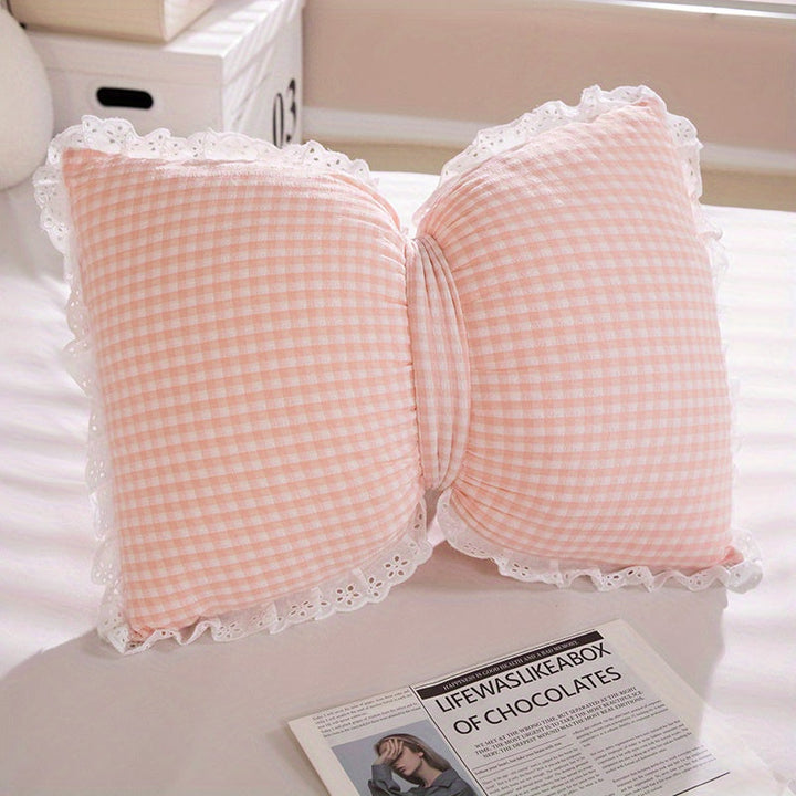 Lisslune | Niedliches Schleifen-Karomuster-Wurfkissen - Minimalistischer Stil Dekokissen mit Spitzenborte, 100% Polyester, Maschinenwaschbar für Wohnzimmer, Schlafzimmer & Rücksitz des Autos - Pink, Blau, Grün, Gelb, Gemütliche Wohnakzente | Polye