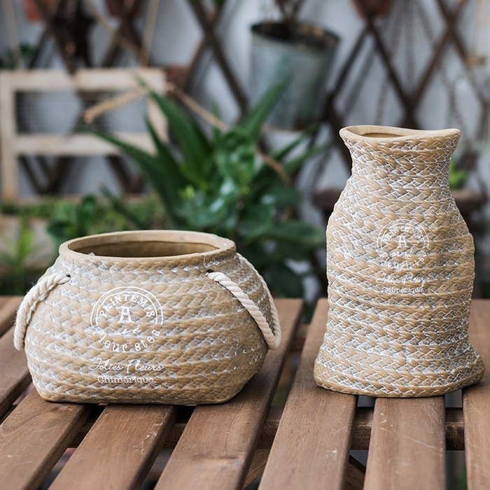 Lisslune | Ceramic Plant Pot in Hemp Bag Design with Rope Handles – Decorative Flower Pot for Garden and Home