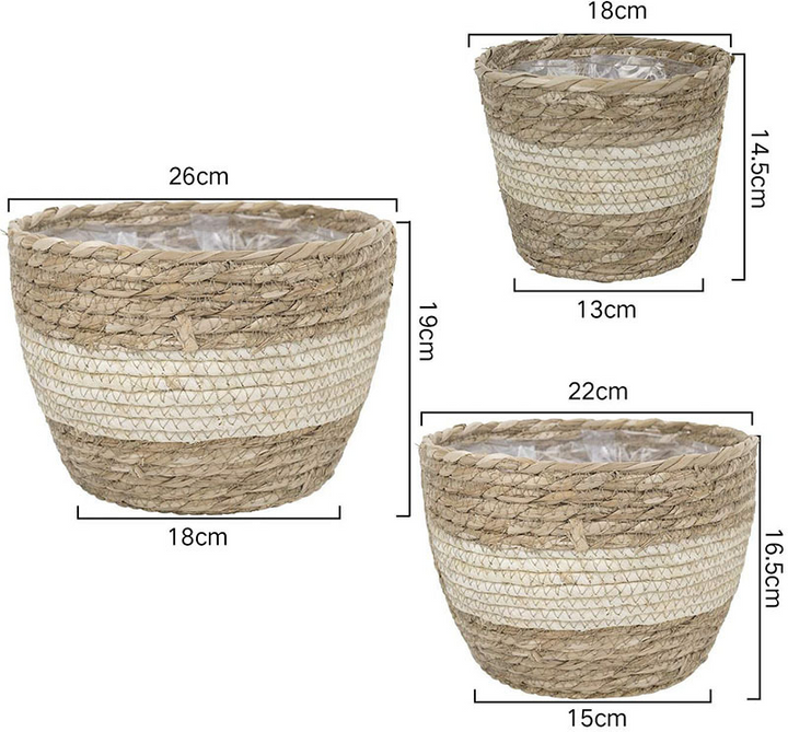 Lisslune | Decorative plant baskets made of seagrass in a set of 3 – Handwoven flower pots with foil insert