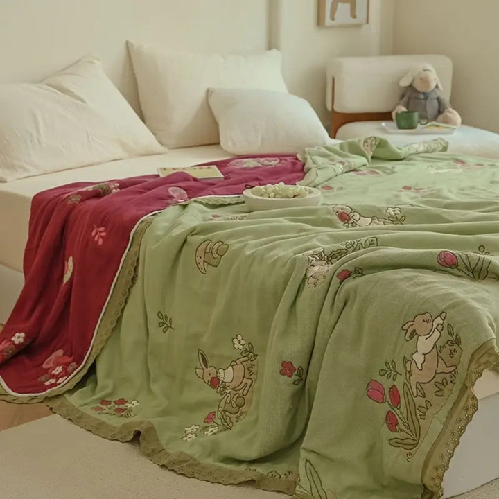 Lisslune | Embroidered Bunny Floral Cotton Blanket
