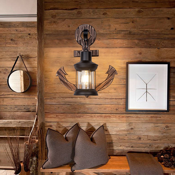 Lisslune | Rustic Wood Anchor Wall Lamp with Lantern