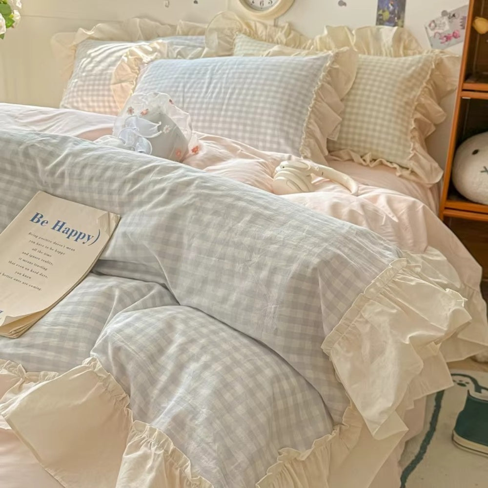 Lisslune | Gingham Check Ruffled Edges Bedding Set