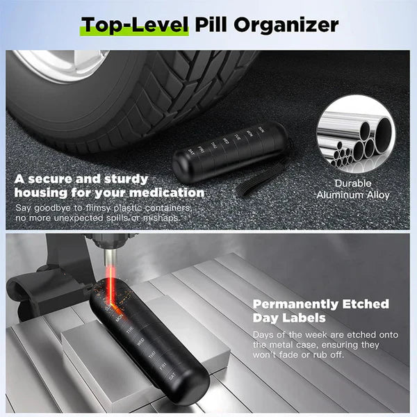 Lisslune | MediSafe Weekbox – Waterproof Aluminum Pill Organizer with 7 Compartments