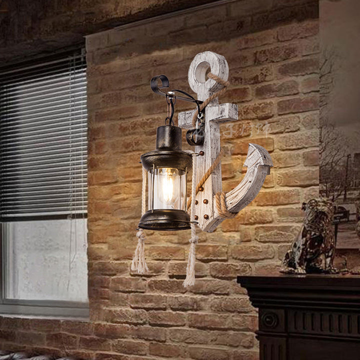 Lisslune | Rustic Wood Anchor Wall Lamp with Lantern