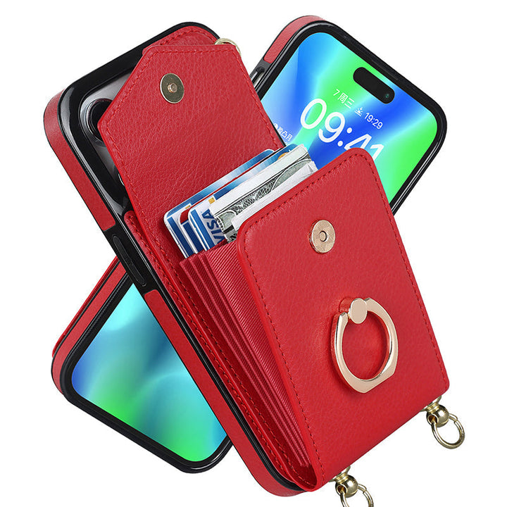 Lisslune | Leather Wallet Case with Ring & Lanyard for iPhone