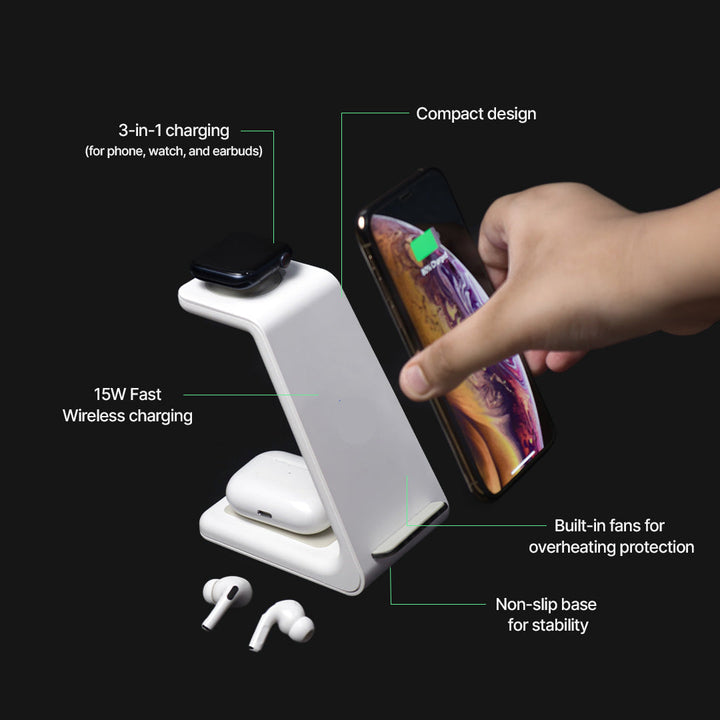 Lisslune | 3-in-1 Wireless Charging Station | Apple, Samsung, Watch, AirPods | Fast Charging Solution