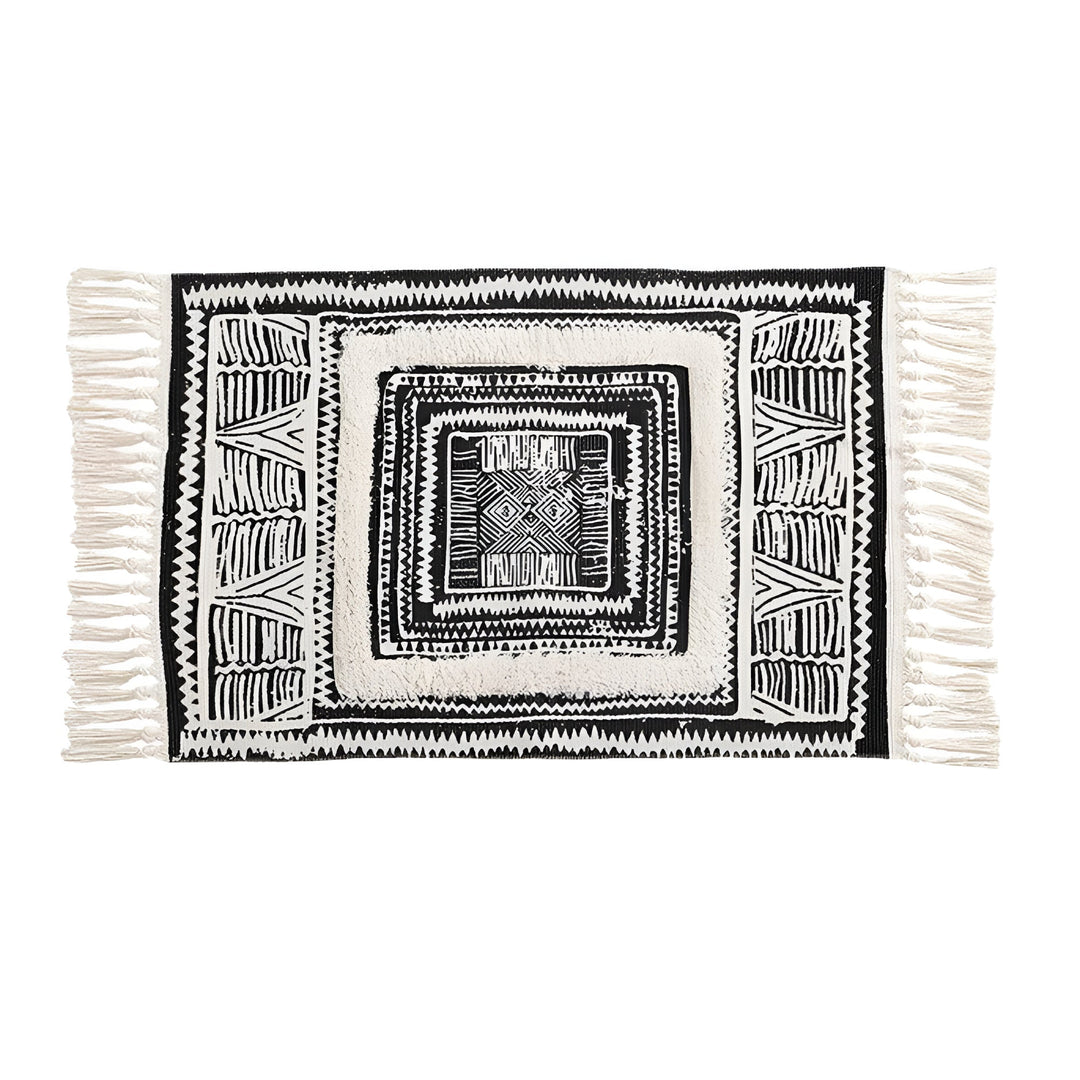 Lisslune | Black and White Geometric Tassel Floor Mat