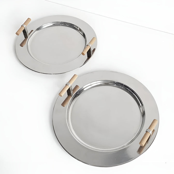 Lisslune | Elegant Stainless Steel Round Tray with Wooden Handles