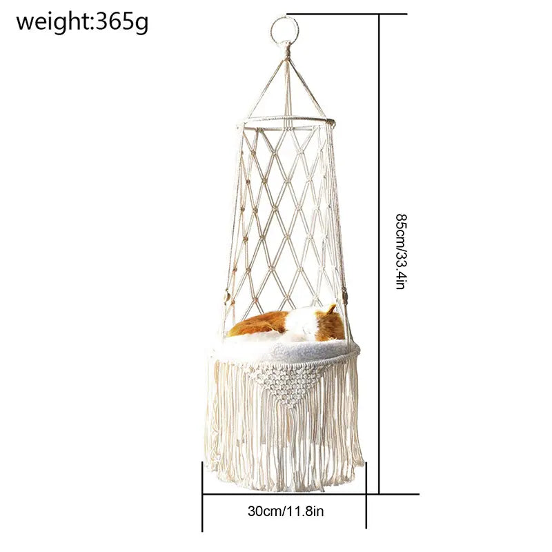 Lisslune | Bohemian Woven Cat Hammock Bed - Handmade Cotton Rope Swing with Fringe - Cozy Nest for Kittens and Indoor Decoration
