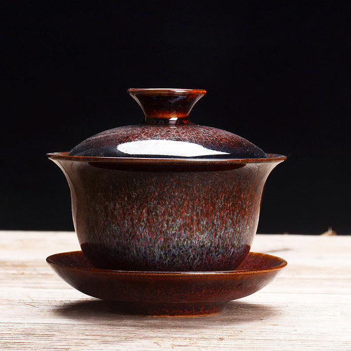 Lisslune | Vintage Kiln Ceramic Gaiwan Sancai Tea Cup Tea Cup and Saucer with Lid
