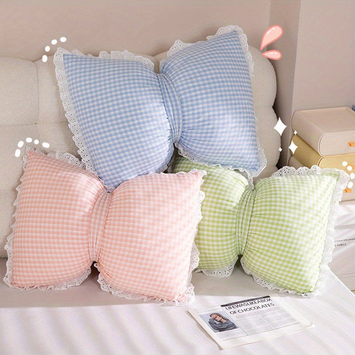 Lisslune | Niedliches Schleifen-Karomuster-Wurfkissen - Minimalistischer Stil Dekokissen mit Spitzenborte, 100% Polyester, Maschinenwaschbar für Wohnzimmer, Schlafzimmer & Rücksitz des Autos - Pink, Blau, Grün, Gelb, Gemütliche Wohnakzente | Polye