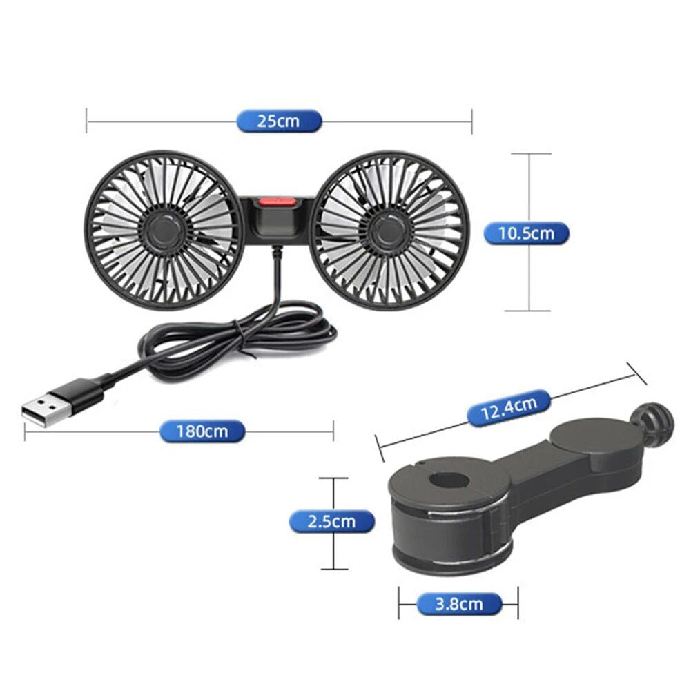 Lisslune | Dual Head USB Car Fan with 360° Rotation for 12V/24V Vehicles
