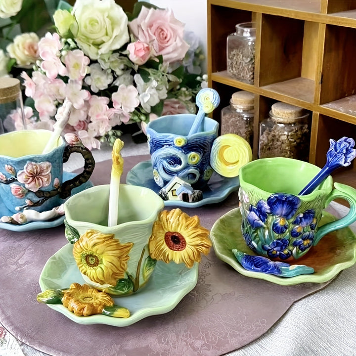 Lisslune | ArtSip Ceramic Cup & Saucer Set – Hand-painted 3D Design inspired by Van Gogh
