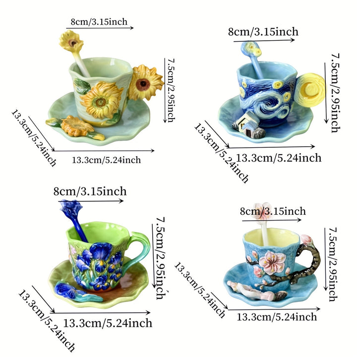Lisslune | ArtSip Ceramic Cup & Saucer Set – Hand-painted 3D Design inspired by Van Gogh