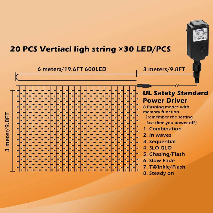 Lisslune | 600 LED 9.8 x 19.6 FT. LED curtain lights with 8 light modes and memory function