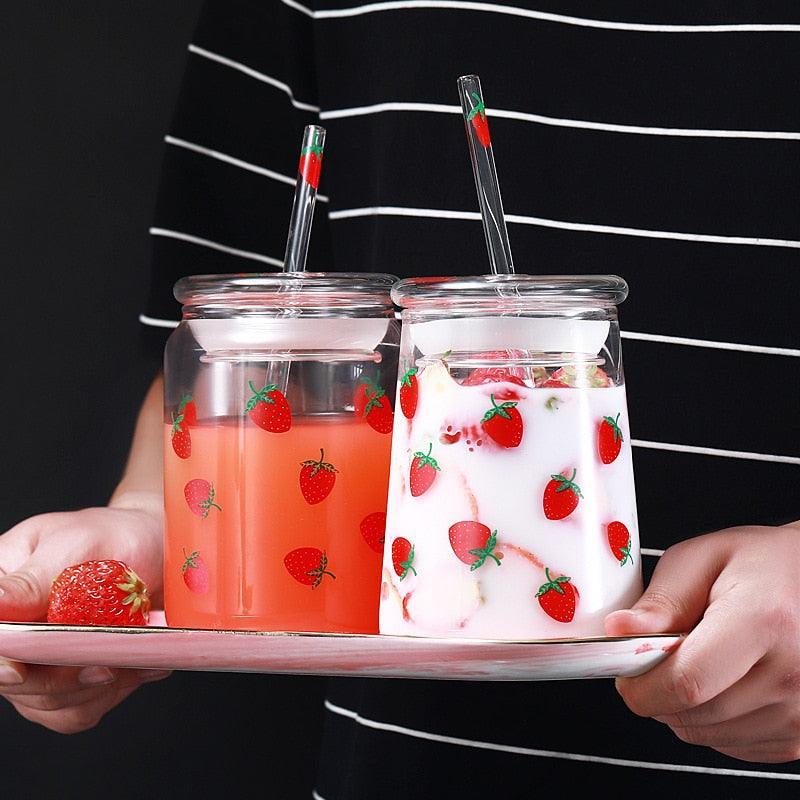 Lisslune | Cute Strawberry-Themed Glass Mug with Straw - 600ML Capacity