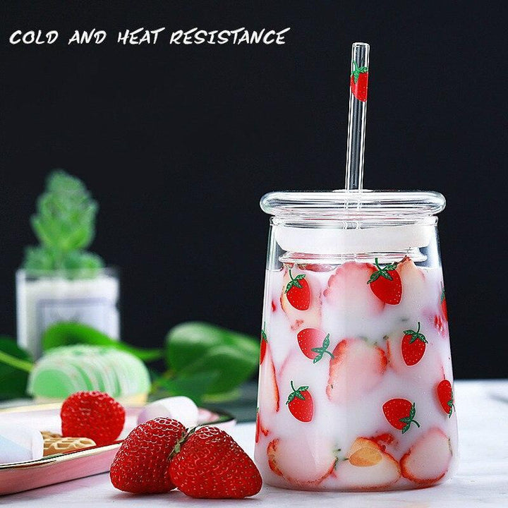 Lisslune | Cute Strawberry-Themed Glass Mug with Straw - 600ML Capacity