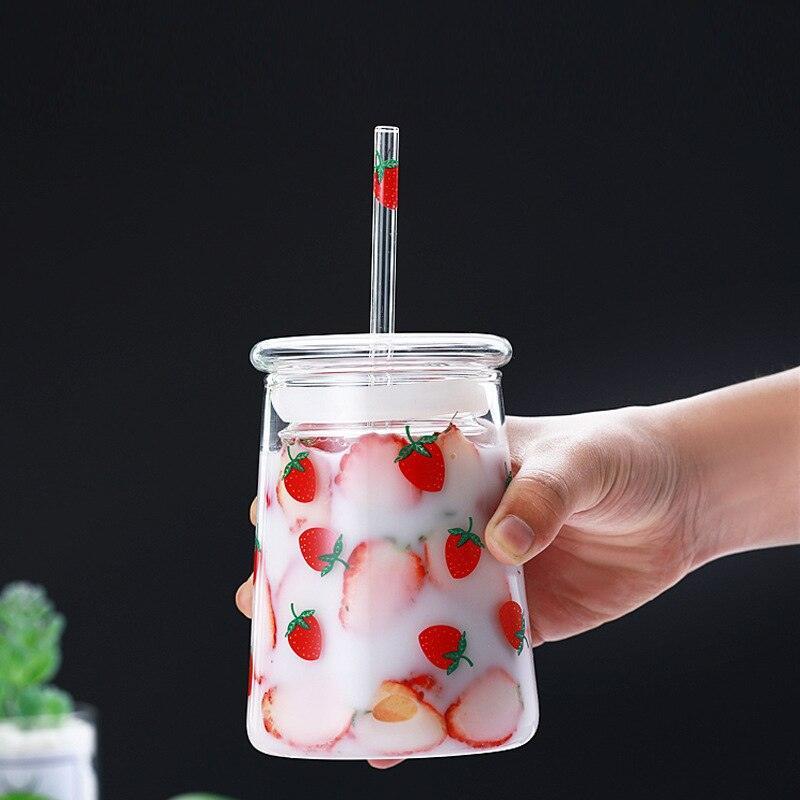 Lisslune | Cute Strawberry-Themed Glass Mug with Straw - 600ML Capacity