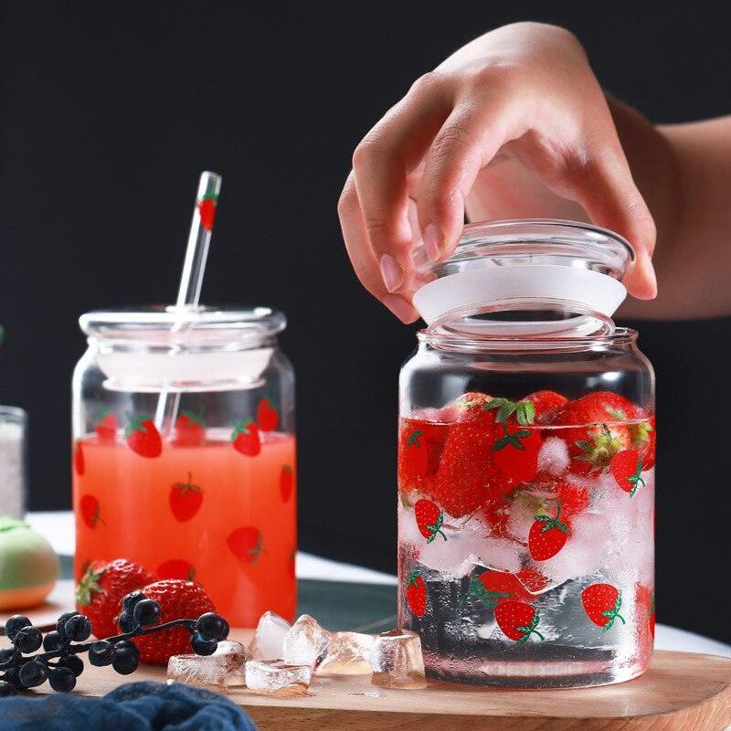 Lisslune | Cute Strawberry-Themed Glass Mug with Straw - 600ML Capacity