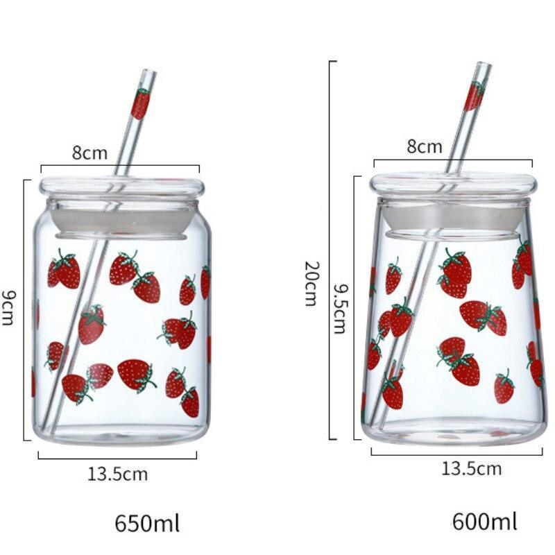 Lisslune | Cute Strawberry-Themed Glass Mug with Straw - 600ML Capacity