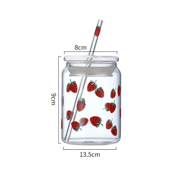 Lisslune | Cute Strawberry-Themed Glass Mug with Straw - 600ML Capacity