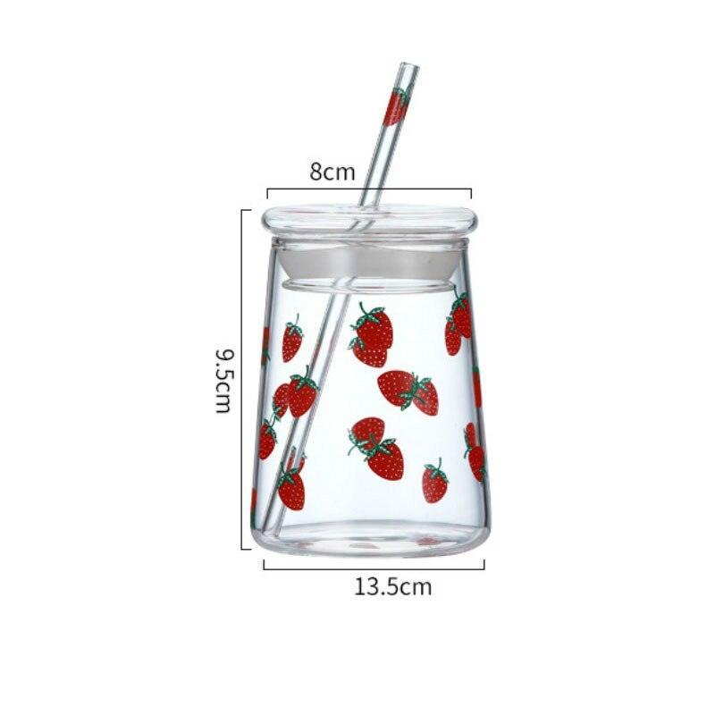 Lisslune | Cute Strawberry-Themed Glass Mug with Straw - 600ML Capacity