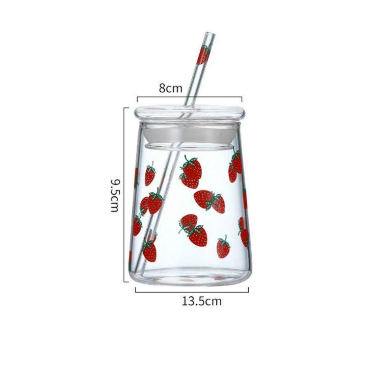 Lisslune | Cute Strawberry-Themed Glass Mug with Straw - 600ML Capacity