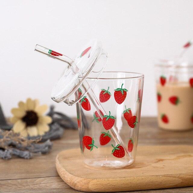 Lisslune | Cute Strawberry-Themed Glass Mug with Straw - 600ML Capacity