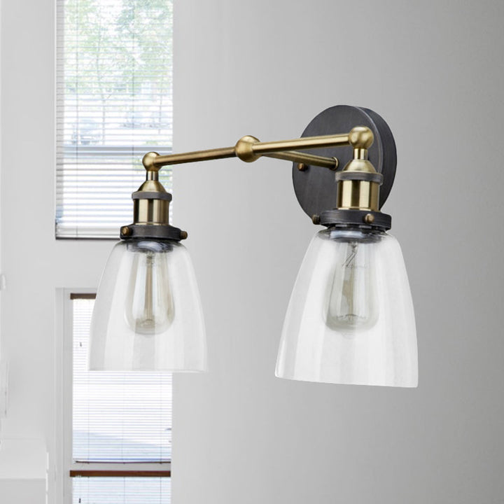 Lisslune | 2 Light Tapered Sconce Lighting Fixture Industrial Antique Brass Clear Glass Wall Lamp