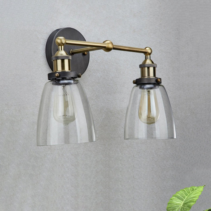 Lisslune | 2 Light Tapered Sconce Lighting Fixture Industrial Antique Brass Clear Glass Wall Lamp