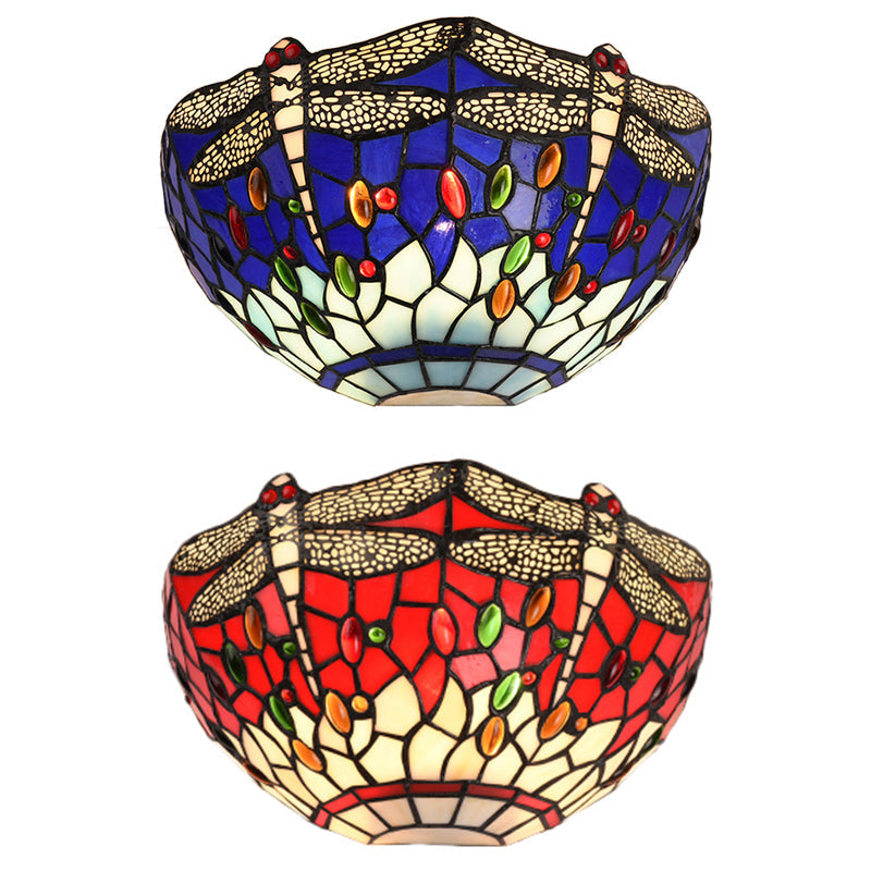 Lisslune | Semi-circular wall lamp with dragonfly and decorative Tiffany glass wall light in red/blue for café
