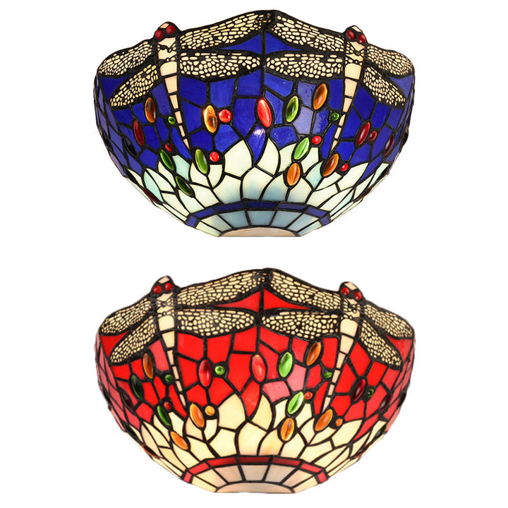 Lisslune | Semi-circular wall lamp with dragonfly and decorative Tiffany glass wall light in red/blue for café