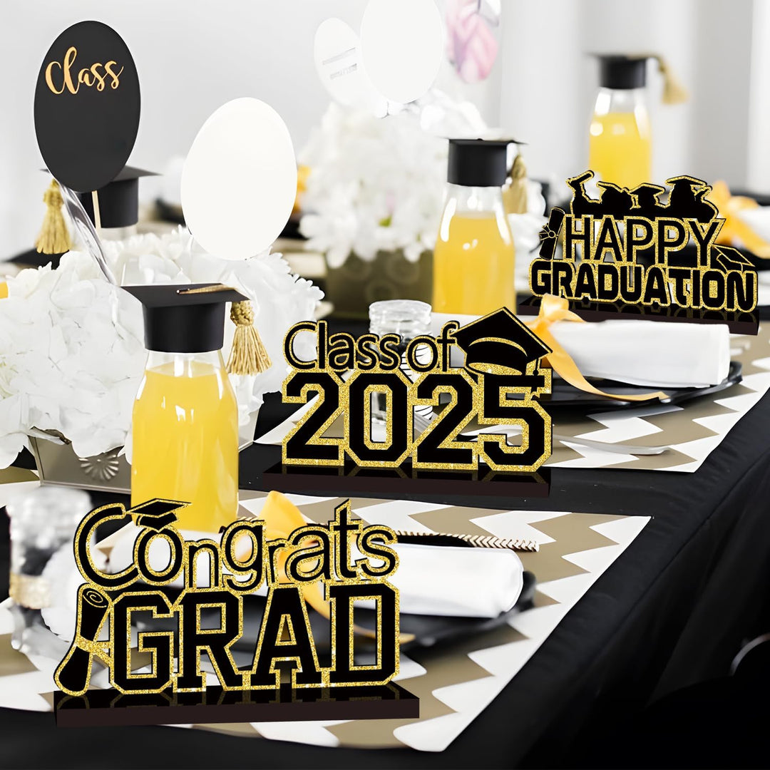 4 Piece Black and Gold Graduation Decorations Class of 2025 Congratulations Graduate Wood Table Centerpieces Graduate Table Decor Congratulations Tiered Shelf Decor for 2025 Graduation Decorations
